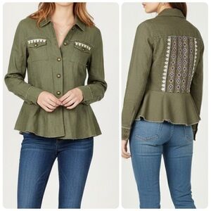 International Concepts Linen Embroidered Peplum Olive Green Utility Jacket Sz M